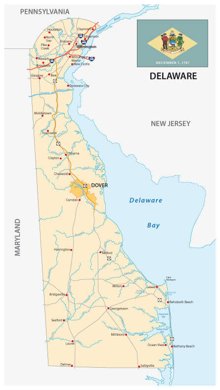 Road Map of the US State Delaware with Flag